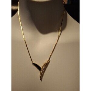 Gold Toned Fashion Jewelry 17" Long Black And Crystal One Solid Piece